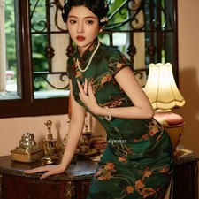 Women Midi Dress Traditional Floral Cheongsam Mandarin Collar Qipao Slim Slit