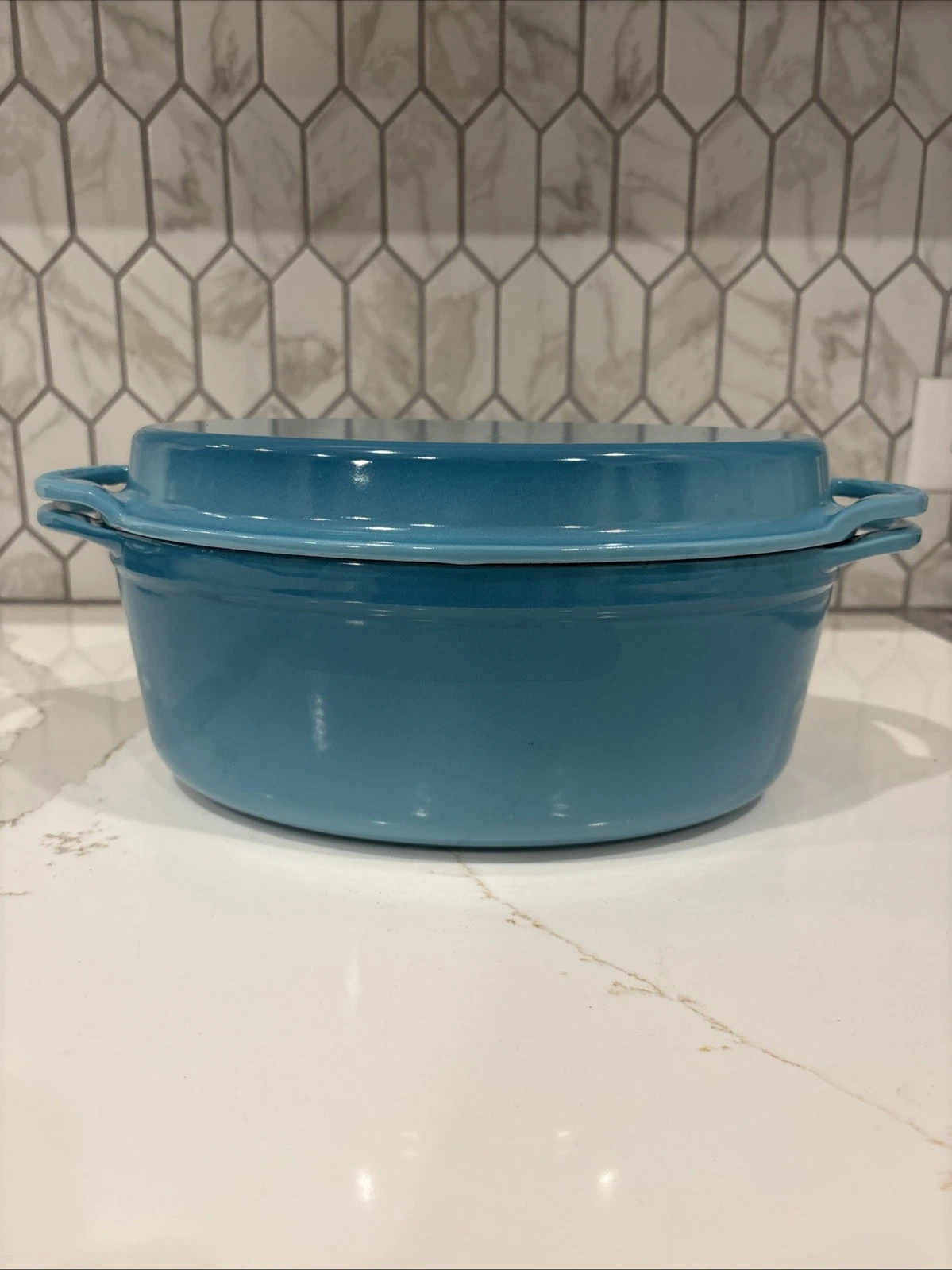Le Creuset Caribbean Blue Cast Iron 7-8 Qt Oval Dutch Oven w/ Grill Pan Lid