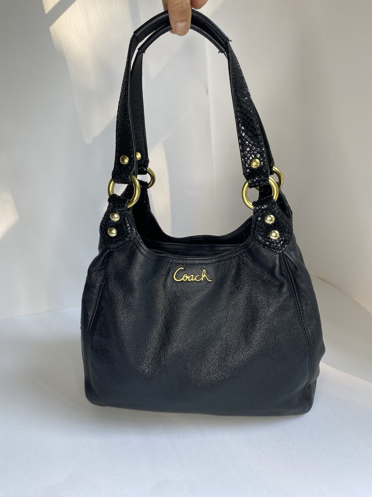 Coach Black Leather Tote with Snakeskin Trim & Gold Hardware F21926