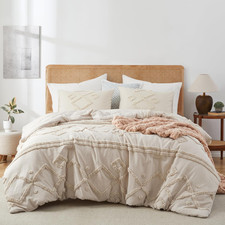 Queen Comforter Set, 3 Pieces Boho Beige Comforter Geometric Tufted Bedding Comf