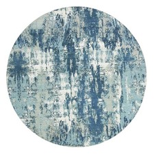 7'1"x7'1" Blue Silk and Wool Hand Knotted Abstract Design Round Rug R75294