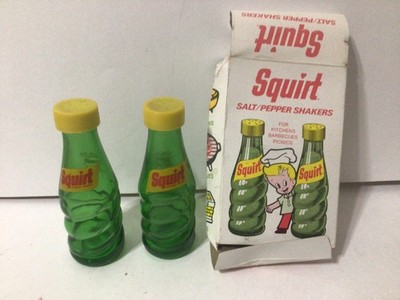 Squirt Soda Salt & Pepper Shakers Set w/ Box 1974 Green Bottles Yellow Lids