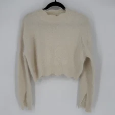 Sunday Seoul Code Black Angora Blend Soft Scalloped Hem Ivory Cream Sweater