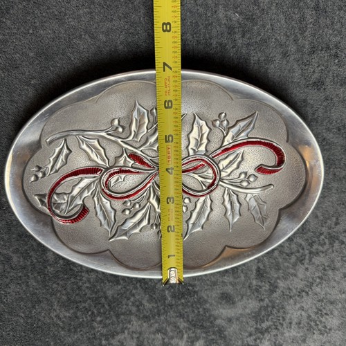 Lenox Holiday Carved Small Metal Silver Oval Serving Tray w/ Red Bow 10 inches - Picture 8 of 9