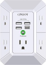 5-Outlet Wall Charger Surge Protector w/ 4 USB Ports 1680J Power Extender