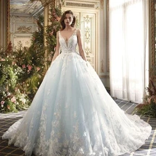 Elegant Wedding Dresses LaceApplique Ball Gown Sleeveless A-line V-Neck Backless