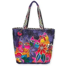 Laurel Burch Laurels Garden Cat Floral Large Purse Shoulder Tote Handbag Black