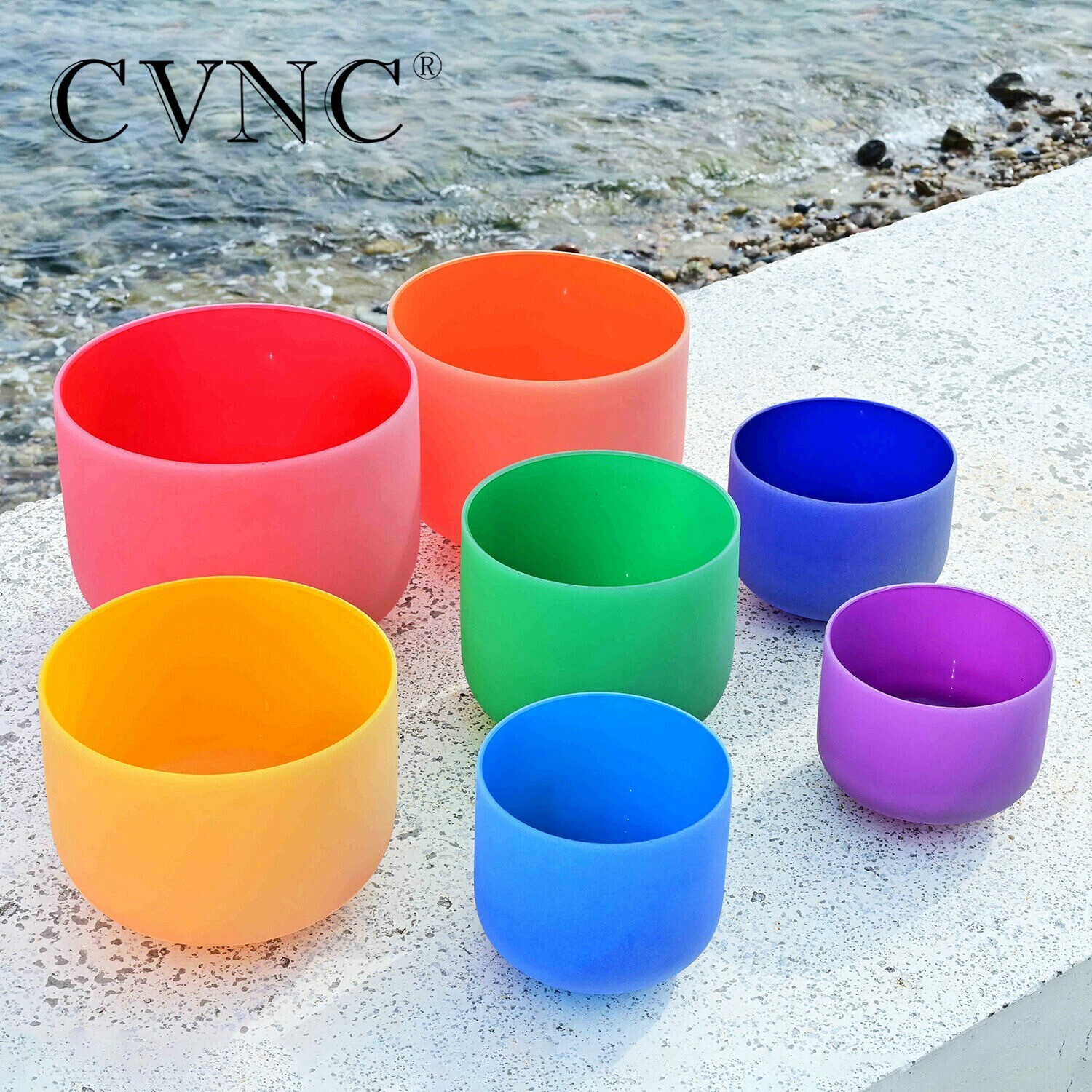 CVNC 6"-12" 7 Pcs Colored Chakra Frosted Crystal Singing Bowl Set Sound ...