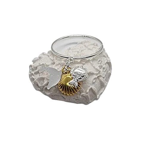 Anello da donna argento 925 con charms delfino conchiglia dorata pesciolino per - Immagine 4 di 4