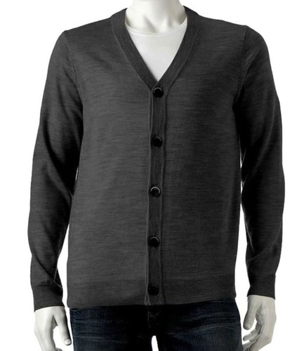 New Men's V-Neck Cardigan Sweater Charcoal Long Sleeves Merino Wool Blend NWT - 第 1/4 張圖片
