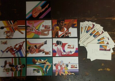 Robert Peak Post Card Lot 1984 Olympic Sport 10 Pc + 15 3x5 Post Cards + Stamps