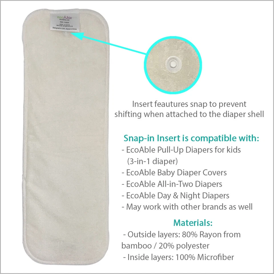 ECOABLE Insertos de refuerzo de bambú a presión Almohadillas de remojo para pañales de tela, paquete de 3 Foto 2 de 3