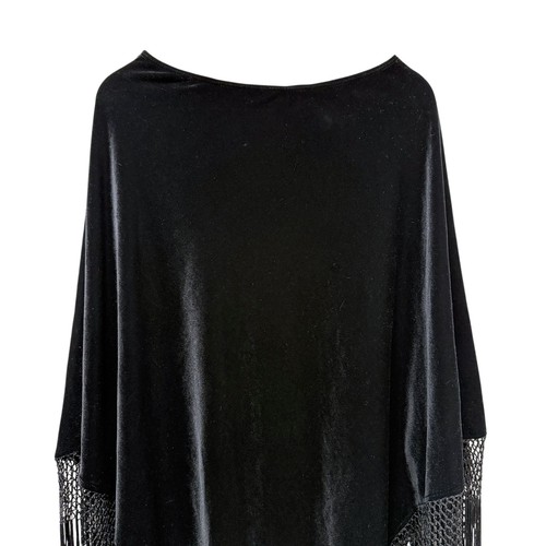 Black Stretch Velvet Poncho Elegant Evening Accessory Fringed - Picture 2 of 10