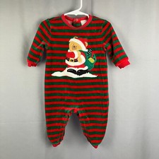Vintage Baby 12m Christmas Santa Teddy Romper Sleeper Stripe Embroidered Cute