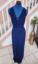RALPH LAUREN EVENING Blue Pleated V-Neck Sleeveless Long Knit Dress Sz 6