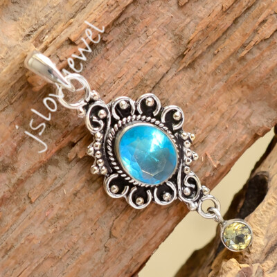 Blautopas & Citrin Edelstein 925 Sterling Silber Anhänger für eine Person Ges...