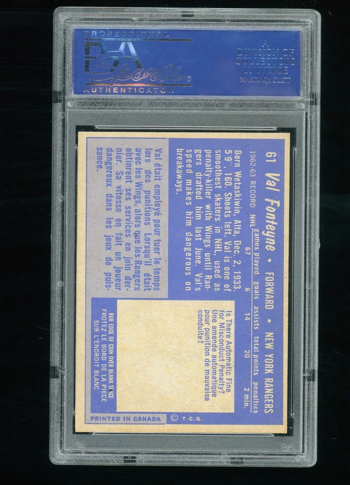 Val Fonteyne 1963-64 Topps #61 New York Rangers PSA 7 NM - Image 2 of 2