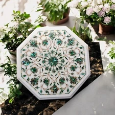 12" Octagon White Marble Coffee End Table Marquetry Art Console Bar Furniture De