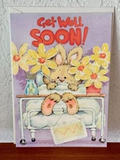 Vintage Simon Elvin  Bunny In Hospital Bed/Flowers "Get Well Soon" Greeting Card
