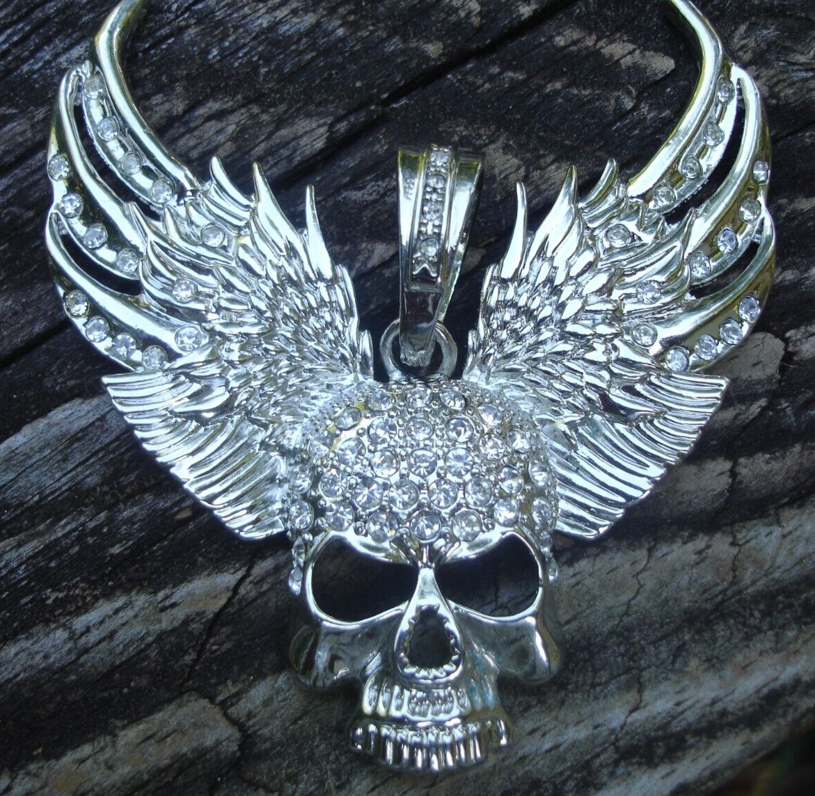 Rhinestone Winged Skull Necklace with Silver Chain Charm  