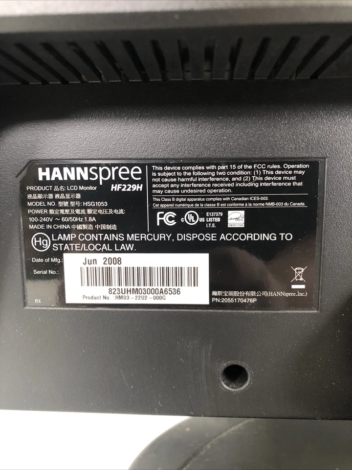 20" INCH HANNSPREE HF229H MONITOR WITH VGA AND POWER CORD - Image 4 of 4
