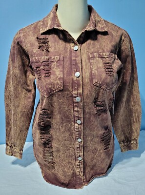Thrill Jeans Distressed Long Denim Jacket Women s Size L Novelty Wash New