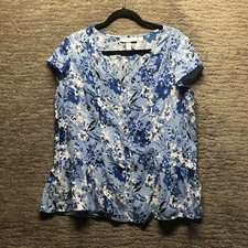 Emaline Blue and White Floral Cap Sleeve Button Up Ruffle Hem Blouse, Large L