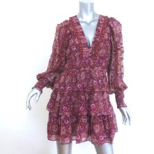 Ulla Johnson Brisa Tiered Mini Dress Purple/Red Metallic Floral Print Size 2