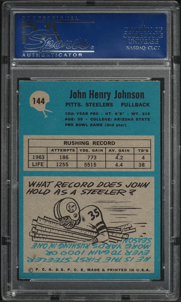 1964 Philadelphia FB Card #144 John Henry Johnson Pittsburgh Steeler HOF PSA 8.5 - Image 2 of 2