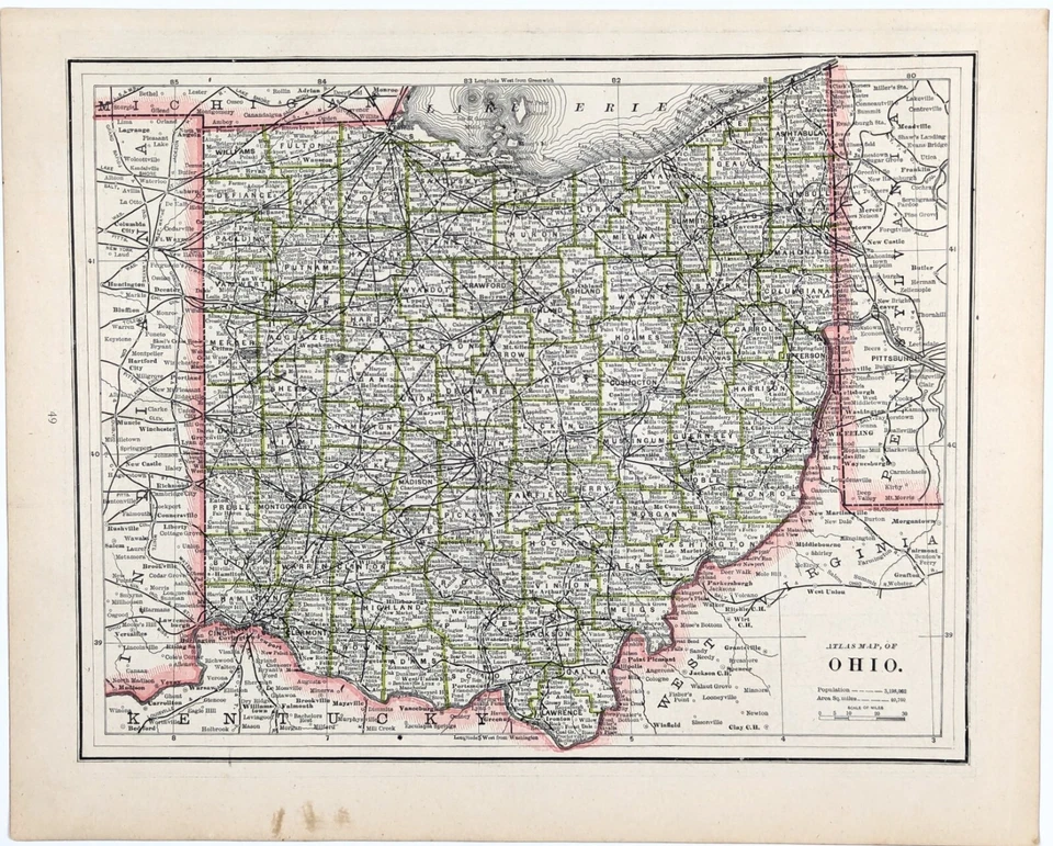 Mapa OHIO 1886 DE COLECCIÓN ORIGINAL (9x11) CINCINCINNATI - FERROCARRILES CLEVELAND Foto 2 de 4