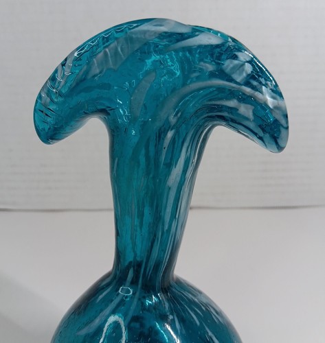 Handblown Art Glass Vase Blue White Spatter Splatter Speckled Pontil Bottom - Picture 2 of 8