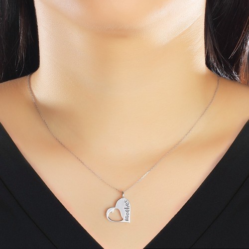 925 Sterling Silver "Mother" Heart Within Heart Charm Pendant and Necklace - Picture 6 of 6