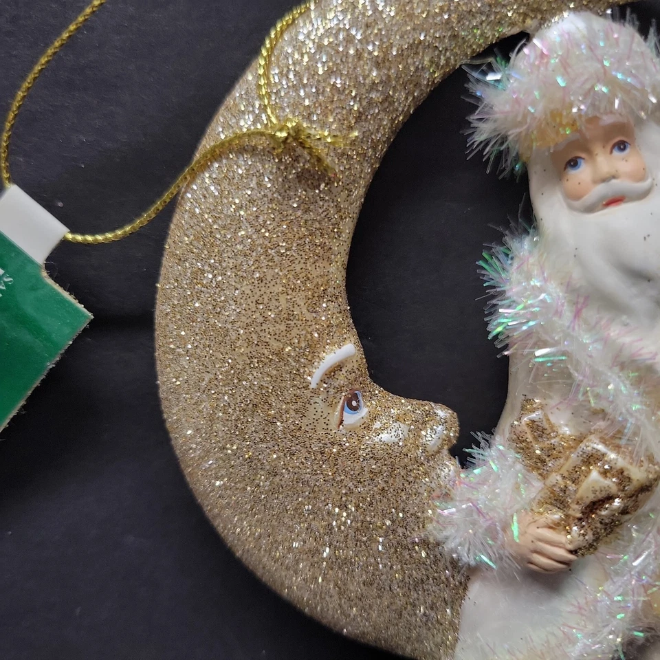 PIER 1 Santa Sitting On The Moon Christmas Tinsel Tree Ornaments Gold Glitter - Image 4 of 4