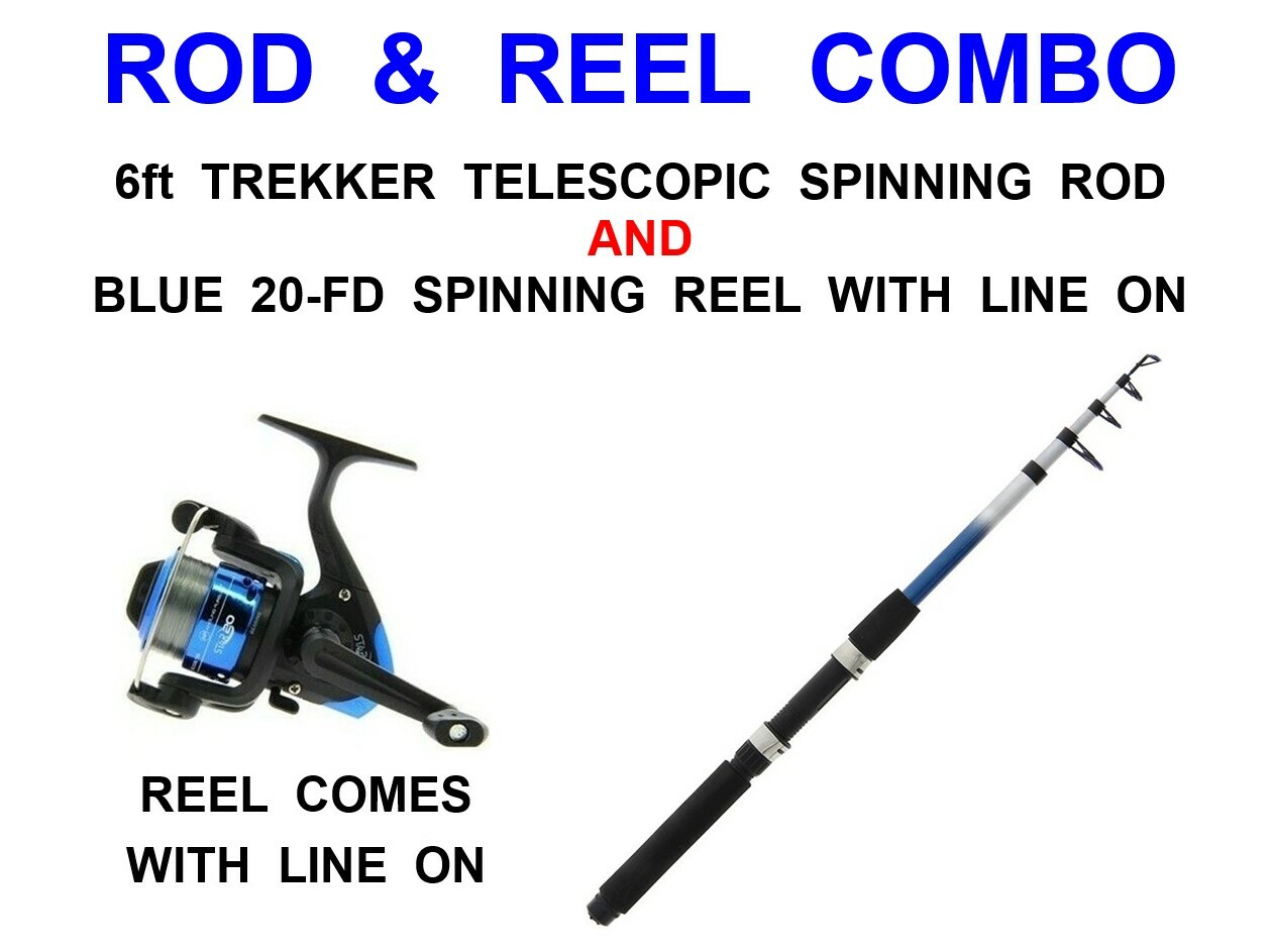 1 TELESCOPIC 6ft TREKKER SPINNING ROD+1 BLUE FD20 REEL WITH LINE COARSE FISHING