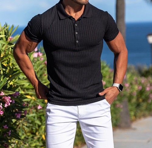 Men's sports and leisure elastic vertical stripe short sleeved polo shirt for me - Picture 19 of 33
