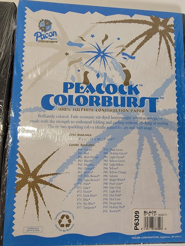 Lote de 2 - 100 hojas en total de papel negro construcción Pacon Peacock Colorburst  Foto 2 de 4