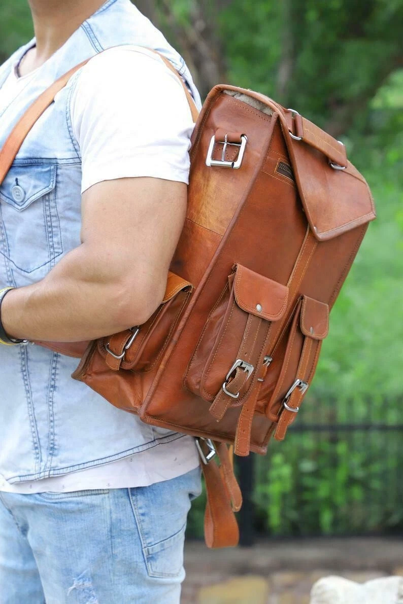 Bag Leather Backpack Travel Rucksack New Laptop Brown Genuine Men's Shoulder
