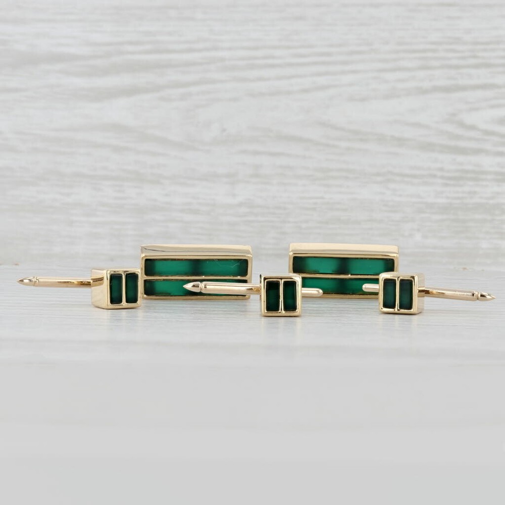 Tiffany & Co Suit Accessories Green Chalcedony 18k Yellow Gold 3 Studs Cufflinks