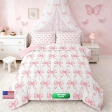 Feelyou Pink Bow Bedding Set Twin Size Pink Girls Bow Comforter Set Kids Women