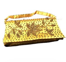 Vintage  1950s  Gold  Satin  Evening Purse  Clutch  Bag  Sequined Yellow
