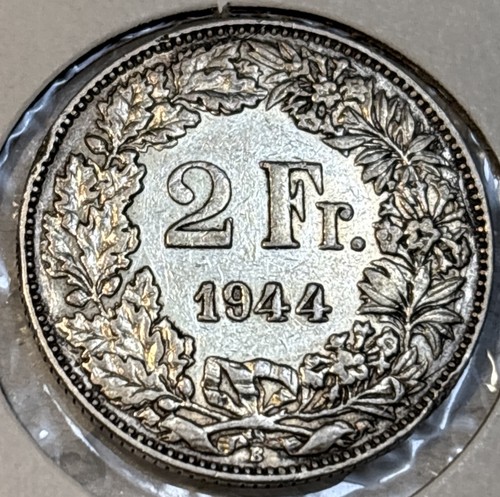 Switzerland 1944 B Two 2 Francs 0.835 Silver XF /AU Condition Coin KM# 21
