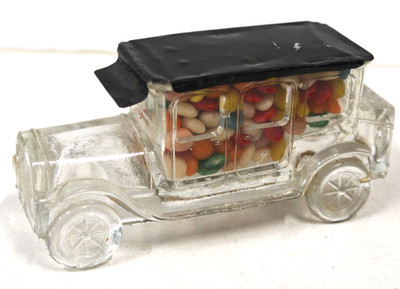 ANTIQUE GLASS CANDY CONTAINER AUTOMOBILE w/ ORIG TIN ROOF (LID) - 4 DOOR SEDAN