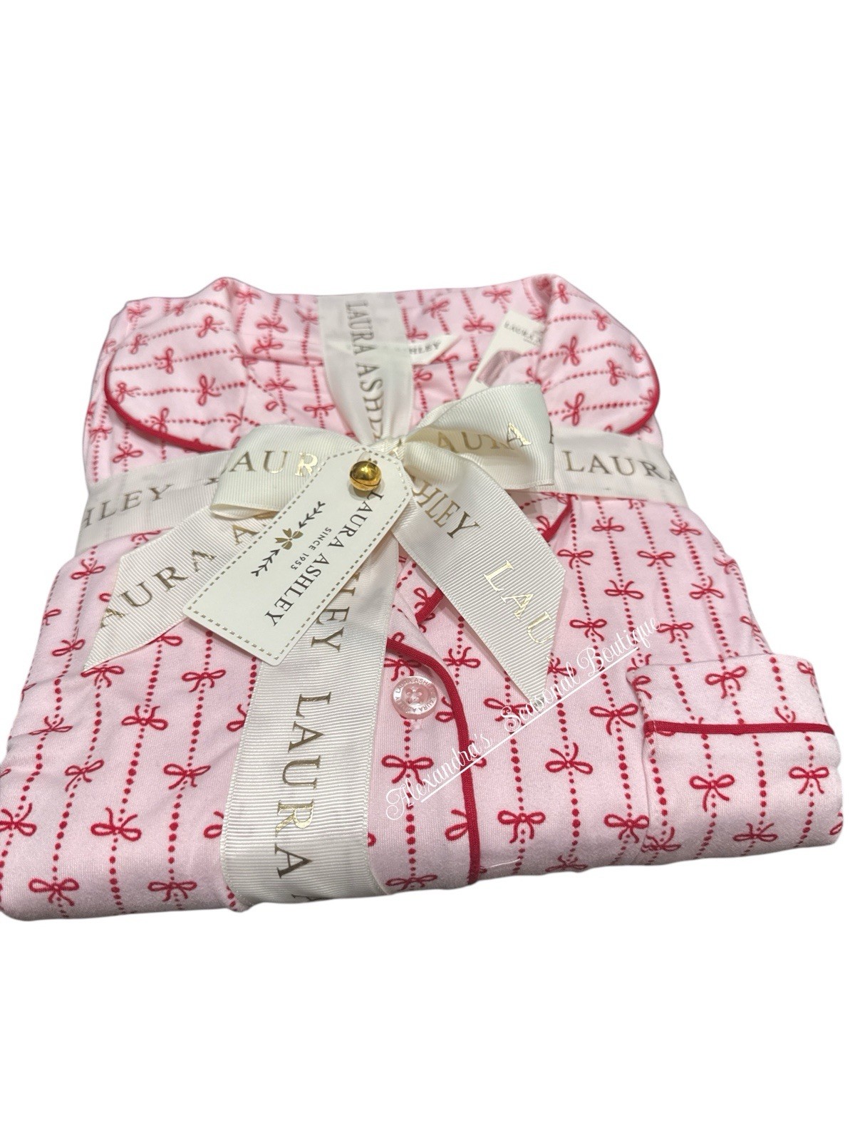 Laura Ashley Christma Soft Long Sleeved Pajama 2 Pc Set M Pink Red Bows Ribbons