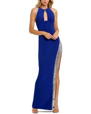 Mac Duggal Jersey Halter Neck Beaded Slit Detail Gown Women's Blue 10