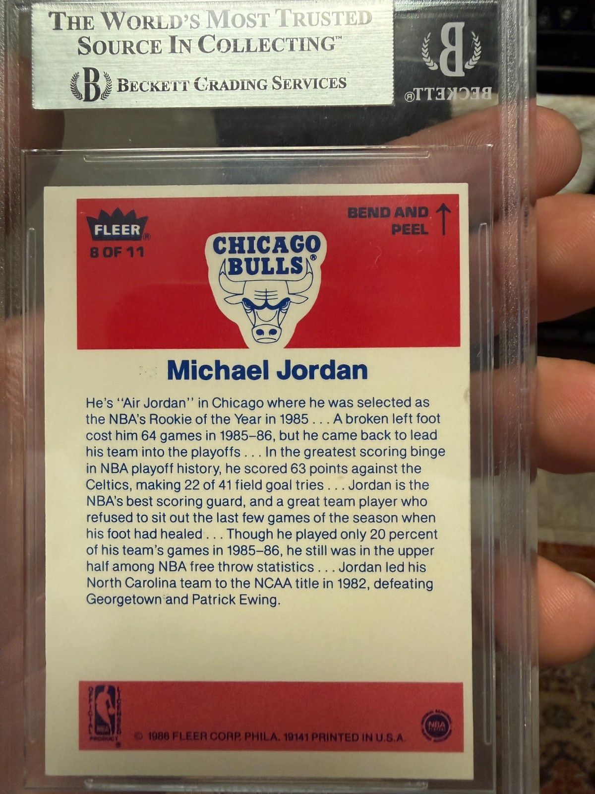 1986 Fleer Basketball Sticker #8 Michael Jordan RC Rookie EX MT BGS 6 view 2