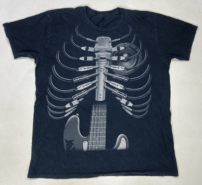 Liquid Blue Amped Up Skeleton Rib Cage Guitar Graphic T-shirt Men Large Black