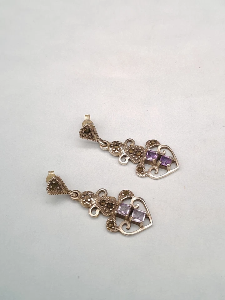 Orecchini donna vintage argento 925 ametista marcasite pendenti - Immagine 3 di 4