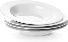 Soup Bowls Pasta Set of 4 White Shallow Plates Porcelain Rimmed 8 Inches