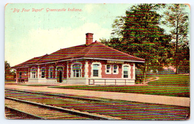 Greencastle Indiana ~ Big Vier Eisenbahn Depot ~ 1911 Postkarte
