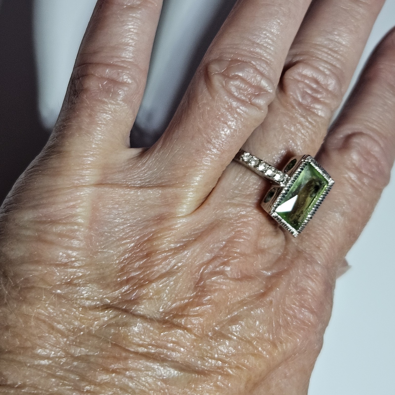 Silver Tone Green Rectangular Rhinestone Clear Rh… - image 4